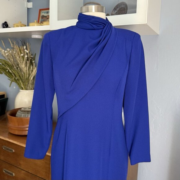 Vtg 80s 90s David Warren Neiman Marcus Drape Sheath Dress Size 4 P Blue Career - Picture 2 of 8